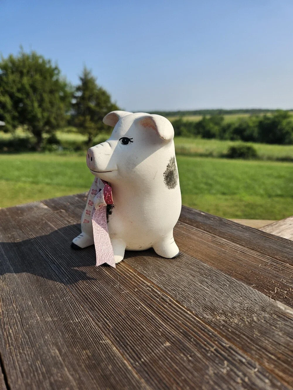 COTTAGECORE Vintage Spotted White Ceramic Pig Statue Farm Animal Decor Plaid